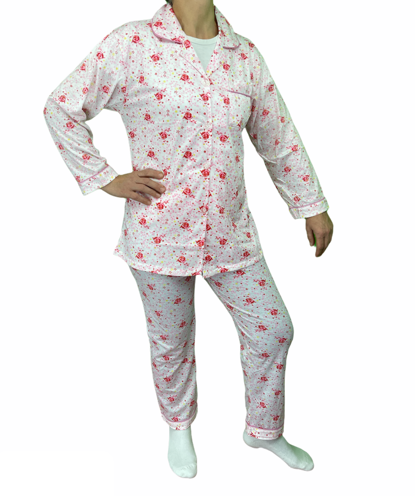 Womens Pyjama Set 100% Cotton Long Sleeve Button Up PJs Sleepwear - Pink Floral - 16