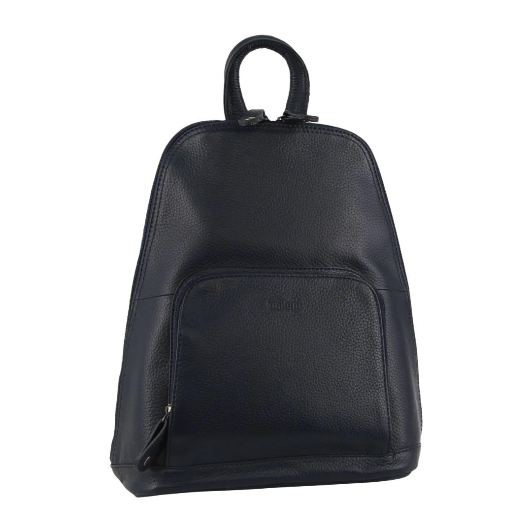 Milleni Womens Twin Zip Backpack Nappa Italian Leather Travel Bag - Navy V563-NL-10767-NAVY