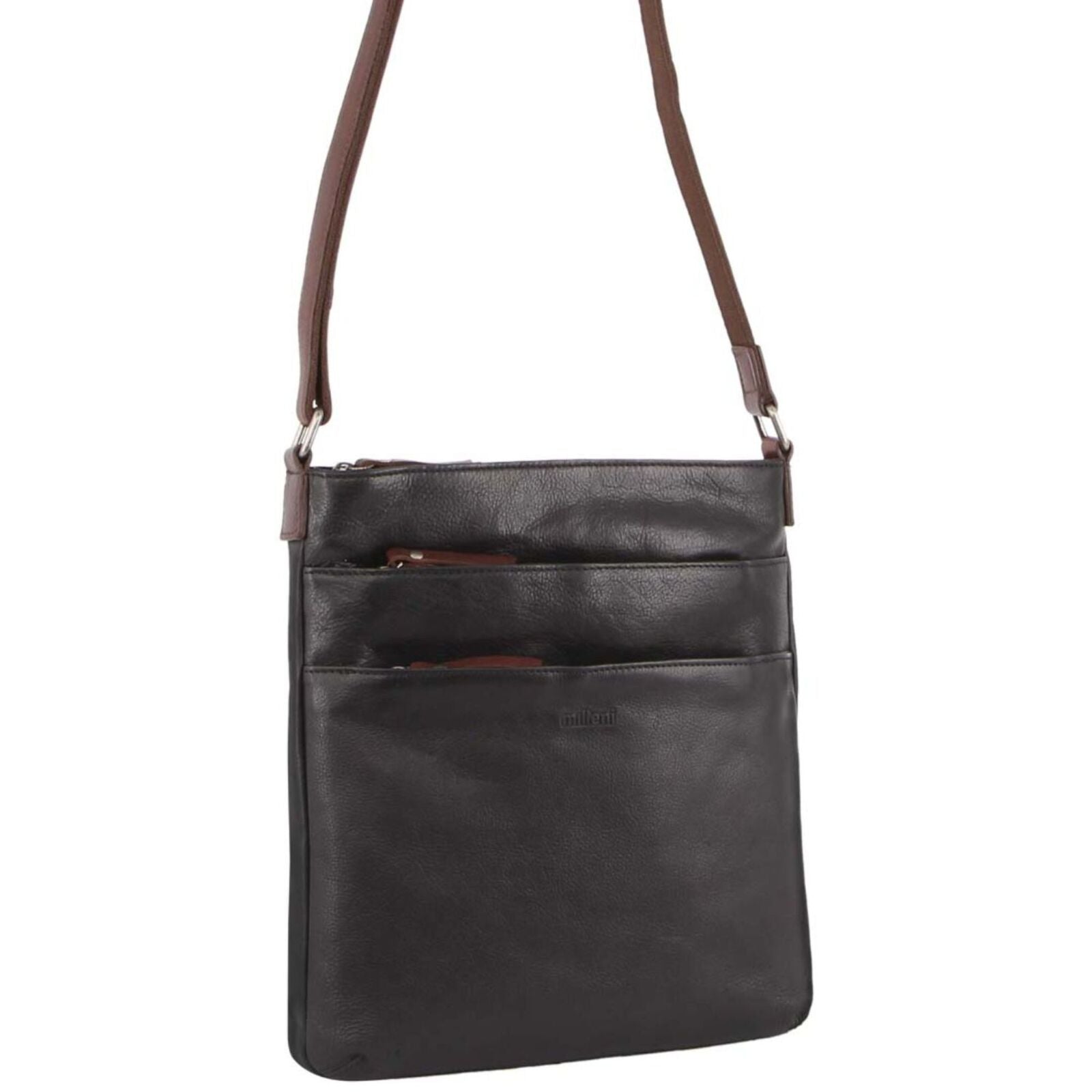 Milleni Womens Italian Leather Bag Soft Nappa Leather Cross-Body Travel - Black/Chestnut V563-NL2439-BLACK_CHESTNUT