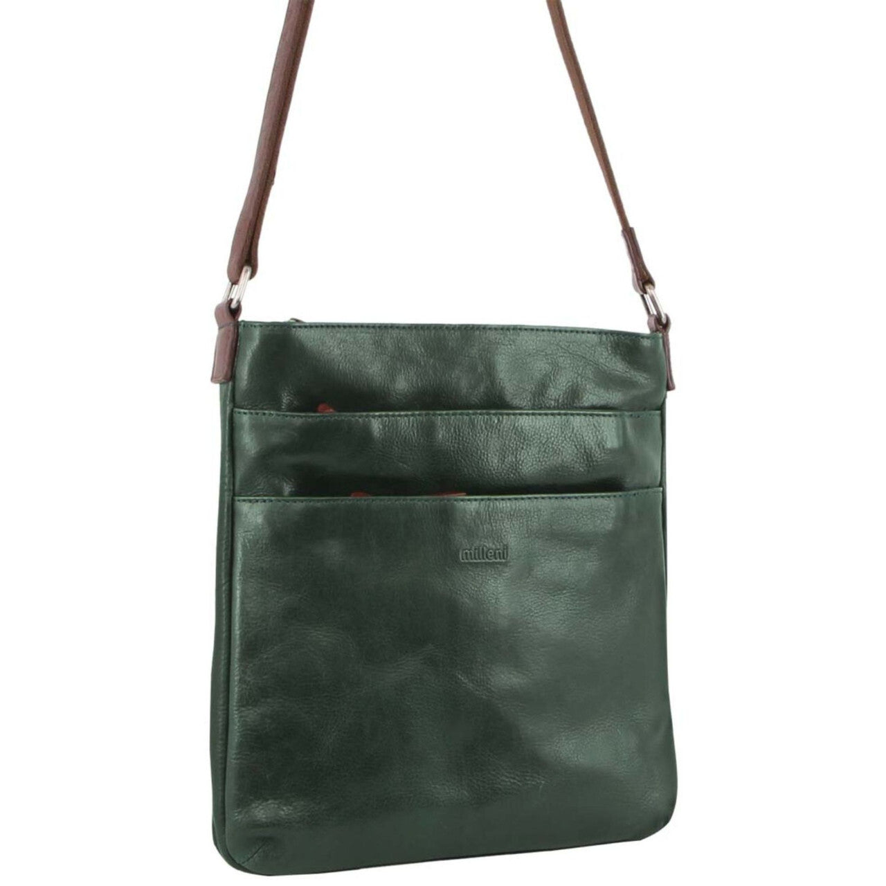 Milleni Ladies Nappa Leather Zip Closure Cross Body Bag Travel - Emerald/Chestnut V563-NL2439-EMERALD_CHESTNUT
