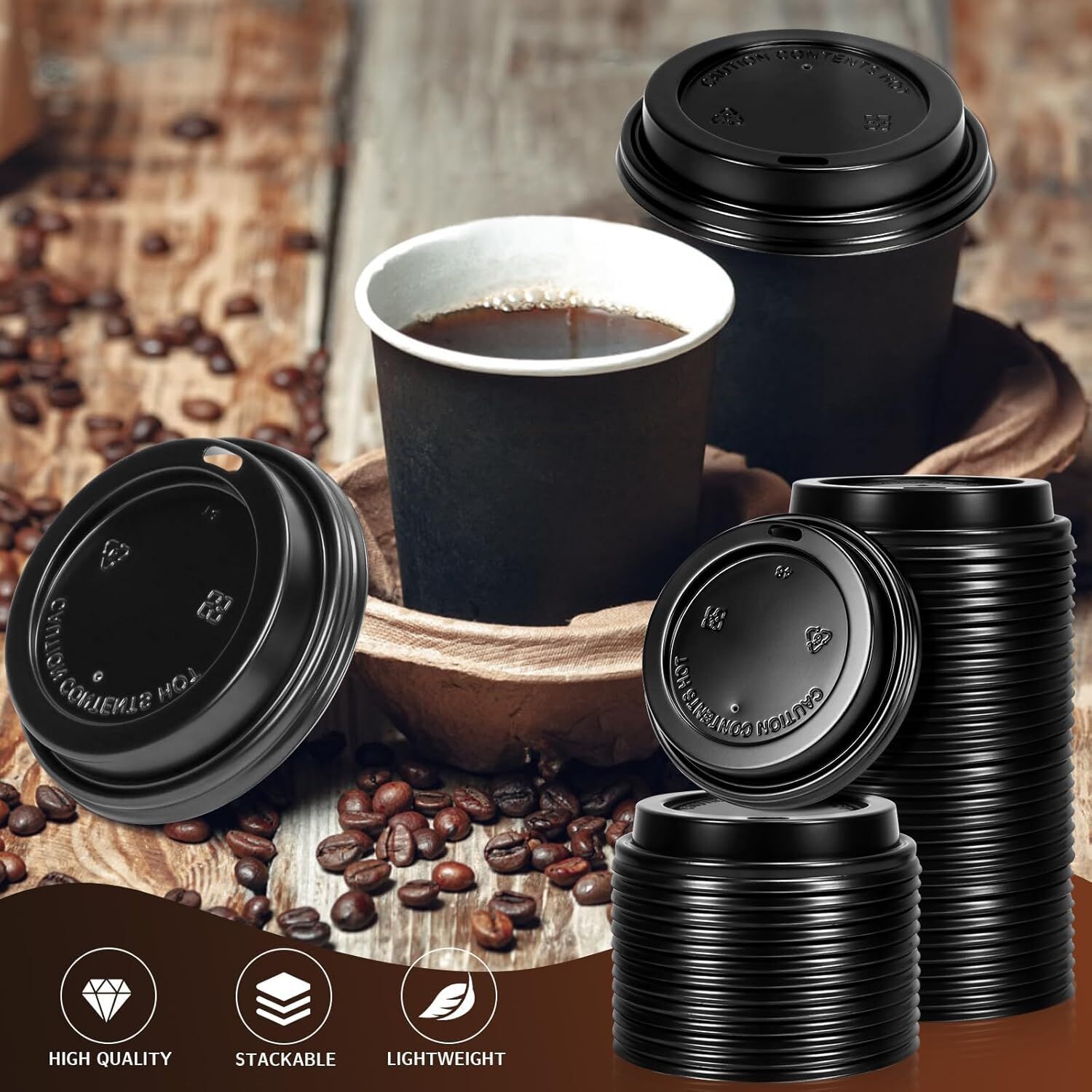 1000x 90mm Plastic Coffee Cup Lids for 12oz / 16oz Cups Dome Style - Black V563-PA1235-50-1BOX