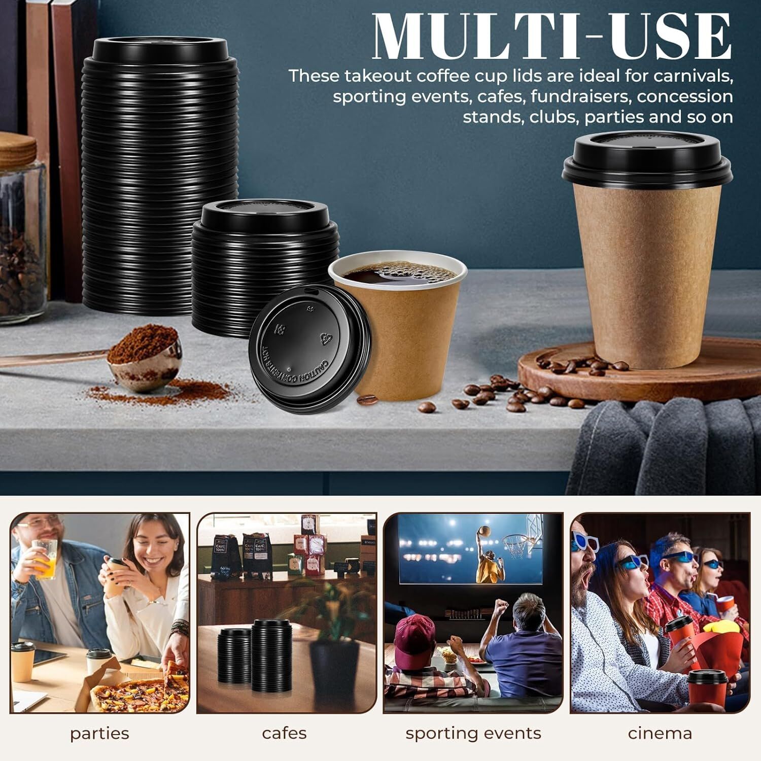 1000x 90mm Plastic Coffee Cup Lids for 12oz / 16oz Cups Dome Style - Black V563-PA1235-50-1BOX
