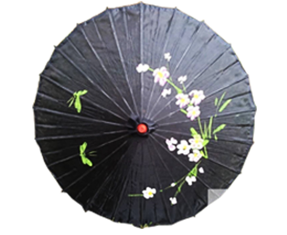 PARASOL UMBRELLA Chinese Japanese Bamboo Flower Pattern Fabric 80cm Diameter - Black V563-PARASOLUMB-BLK
