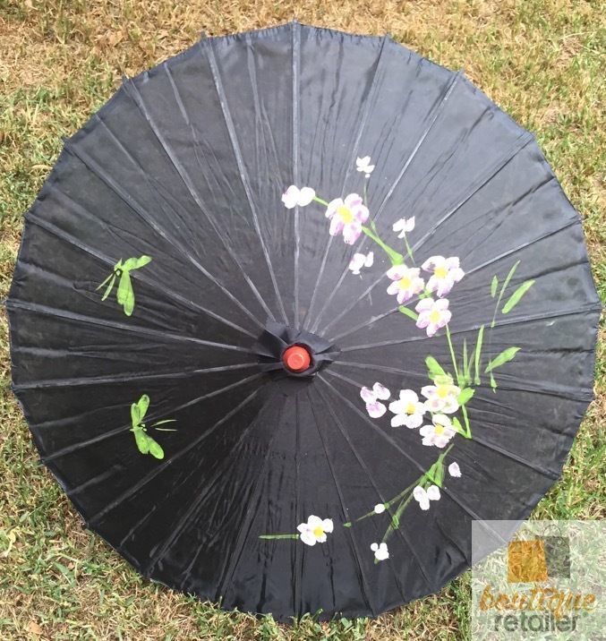 PARASOL UMBRELLA Chinese Japanese Bamboo Flower Pattern Fabric 80cm Diameter - Black V563-PARASOLUMB-BLK