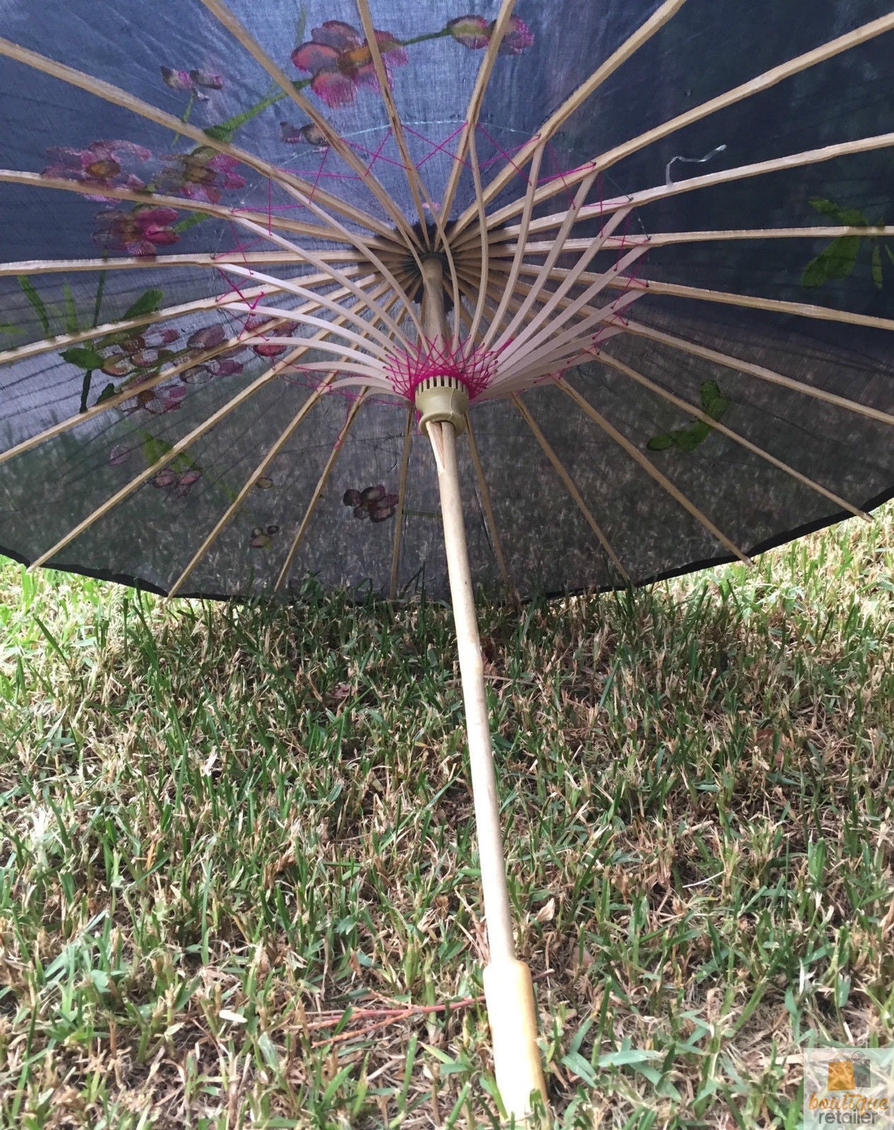 PARASOL UMBRELLA Chinese Japanese Bamboo Flower Pattern Fabric 80cm Diameter - Black V563-PARASOLUMB-BLK