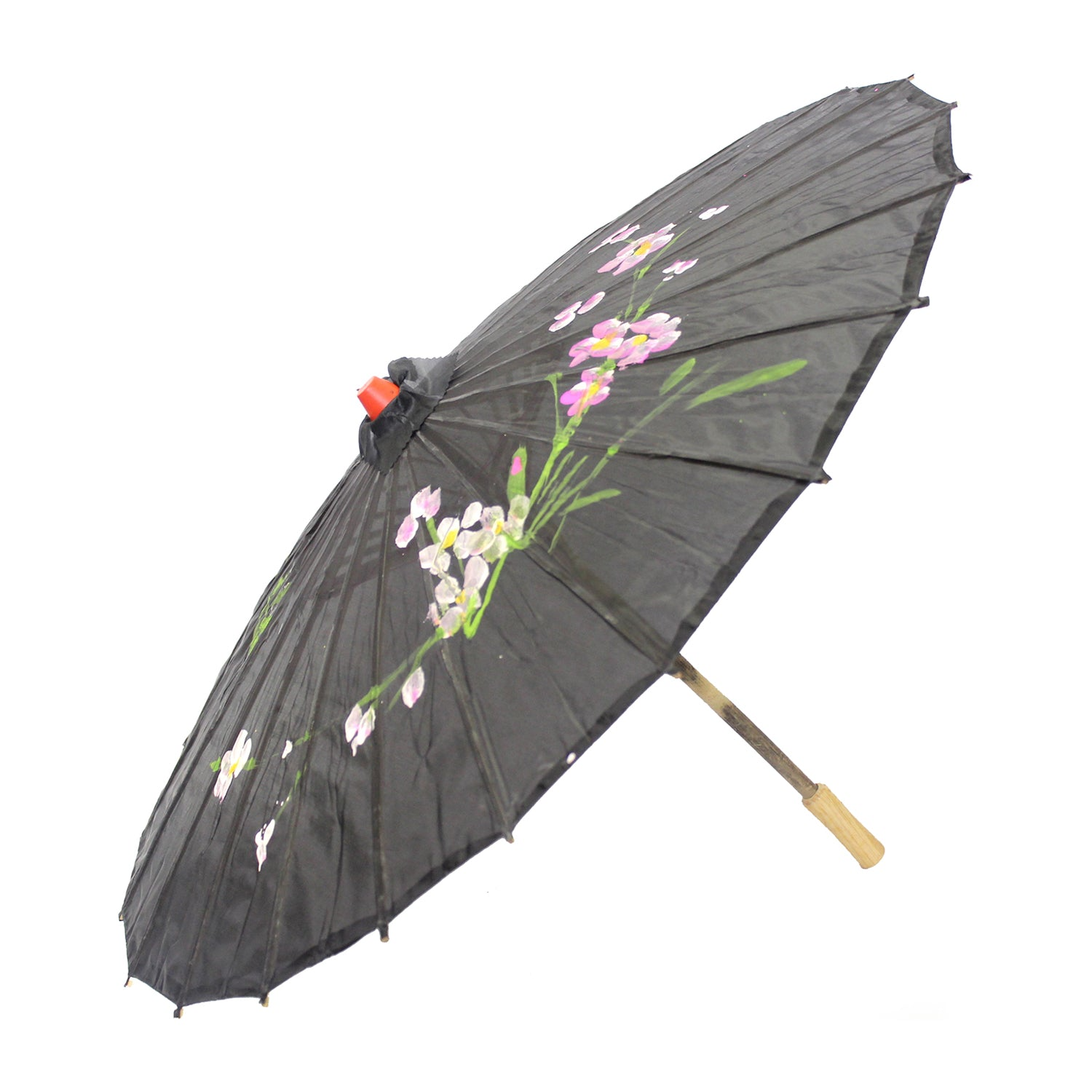 PARASOL UMBRELLA Chinese Japanese Bamboo Flower Pattern Fabric 80cm Diameter - Black V563-PARASOLUMB-BLK