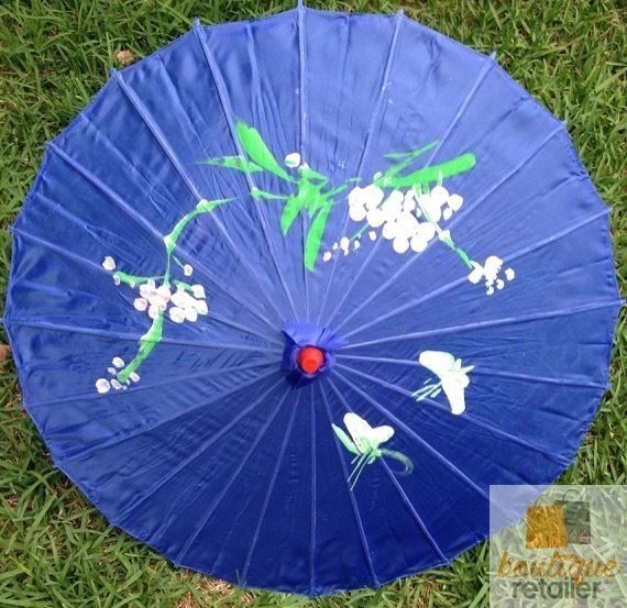 PARASOL UMBRELLA Chinese Japanese Bamboo Flower Pattern Fabric 80cm Diameter - Blue V563-PARASOLUMB-BLU