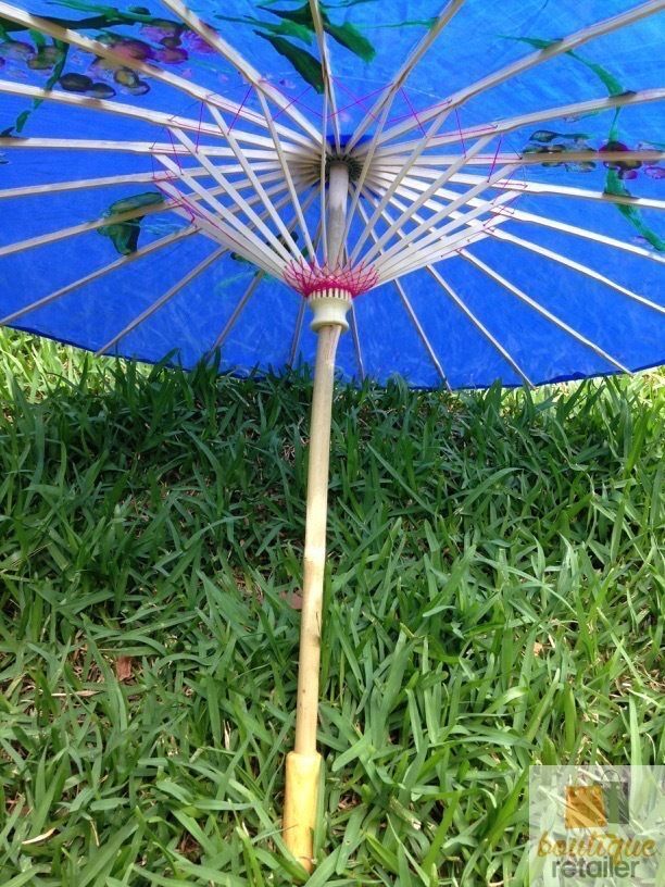 PARASOL UMBRELLA Chinese Japanese Bamboo Flower Pattern Fabric 80cm Diameter - Blue V563-PARASOLUMB-BLU