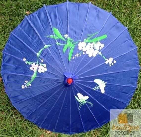 PARASOL UMBRELLA Chinese Japanese Bamboo Flower Pattern Fabric 80cm Diameter - Blue V563-PARASOLUMB-BLU