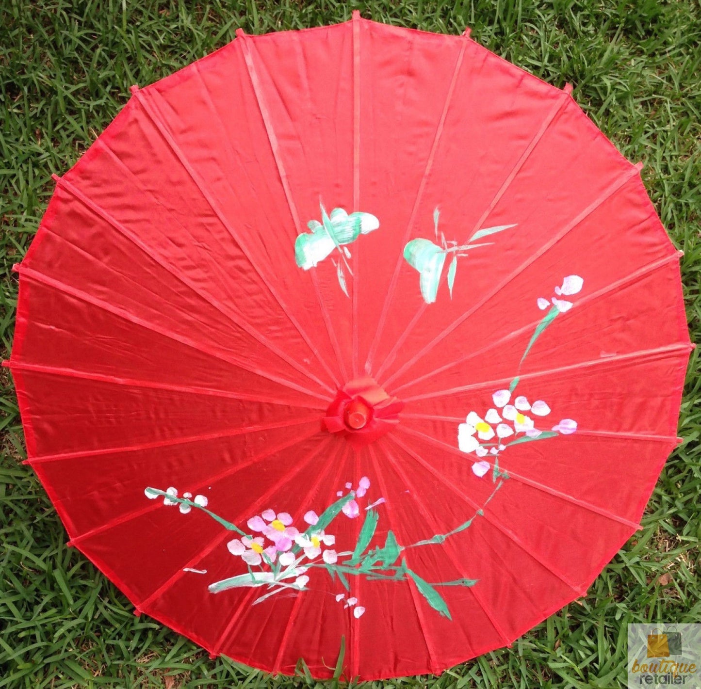 PARASOL UMBRELLA Chinese Japanese Bamboo Flower Pattern Fabric 80cm Diameter - Red V563-PARASOLUMB-RED