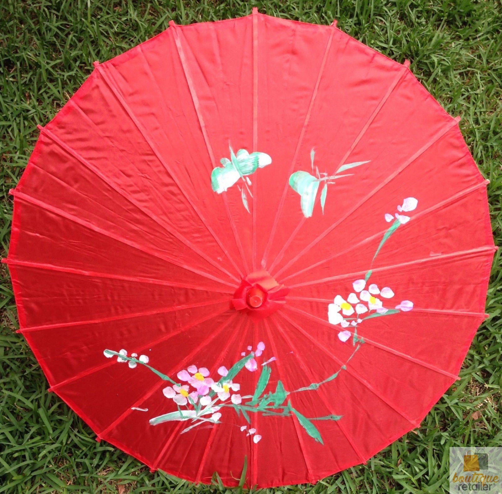 PARASOL UMBRELLA Chinese Japanese Bamboo Flower Pattern Fabric 80cm Diameter - Red V563-PARASOLUMB-RED