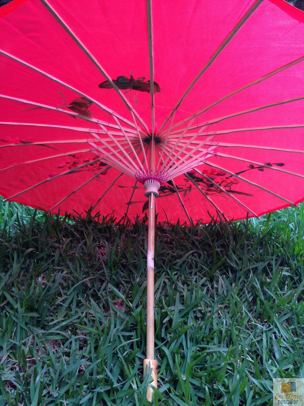 PARASOL UMBRELLA Chinese Japanese Bamboo Flower Pattern Fabric 80cm Diameter - Red V563-PARASOLUMB-RED