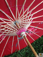 PARASOL UMBRELLA Chinese Japanese Bamboo Flower Pattern Fabric 80cm Diameter - Red V563-PARASOLUMB-RED