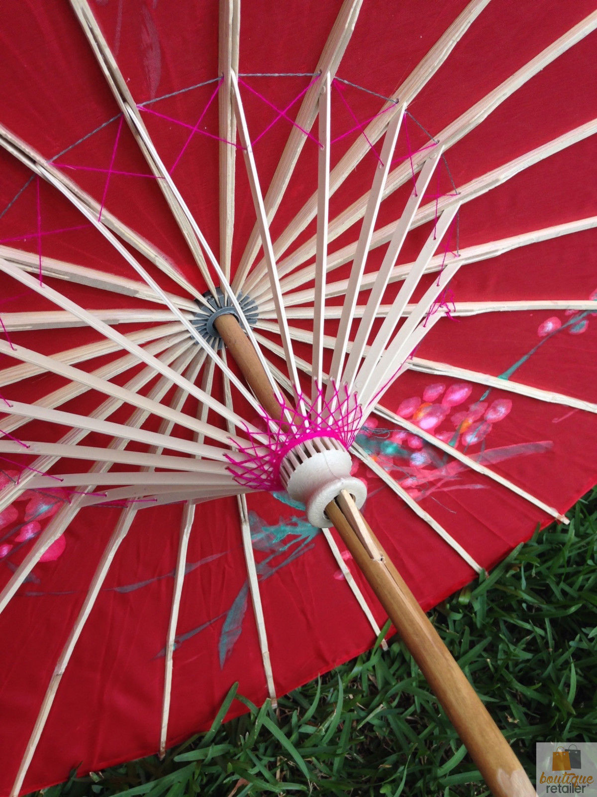 PARASOL UMBRELLA Chinese Japanese Bamboo Flower Pattern Fabric 80cm Diameter - Red V563-PARASOLUMB-RED