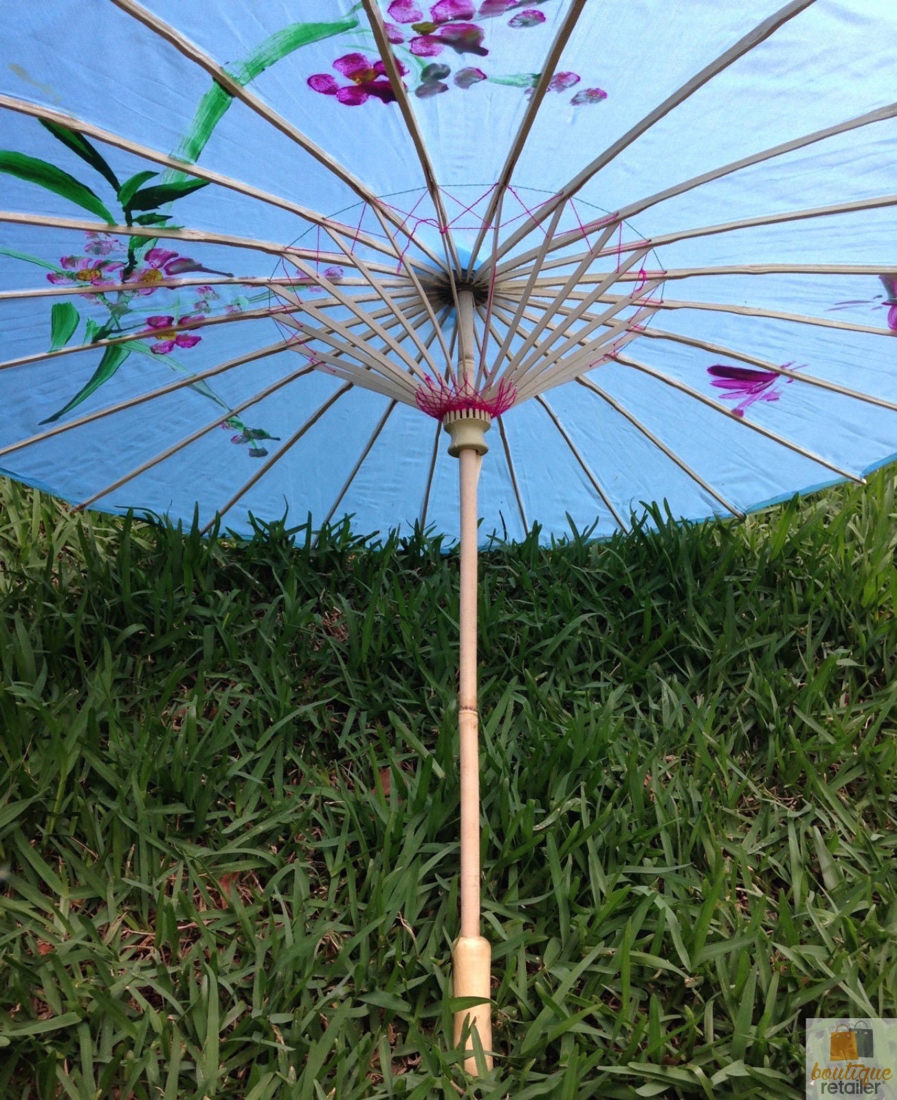 PARASOL UMBRELLA Chinese Japanese Bamboo Flower Pattern Fabric 80cm Diameter - Sky Blue V563-PARASOLUMB-SKYBLU