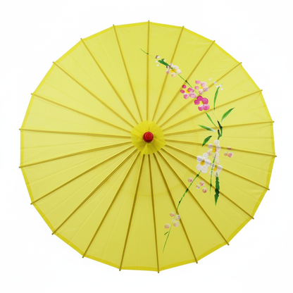 PARASOL UMBRELLA Chinese Japanese Bamboo Flower Pattern Fabric 80cm Diameter - Yellow V563-PARASOLUMB-YLW