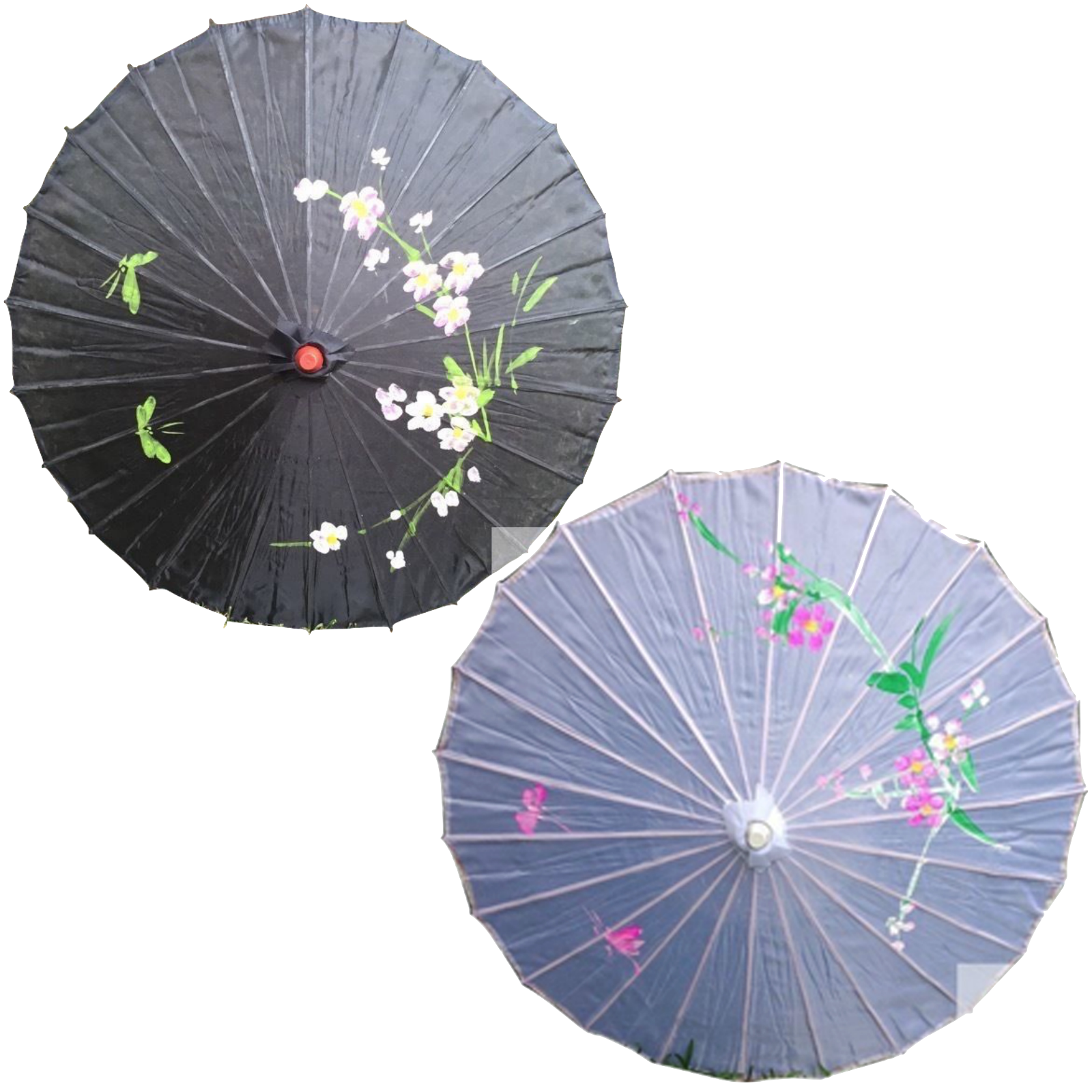 2pc Set Parasol Umbrella Black + White Chinese Japanese Bamboo Flower Pattern V563-PARASOLUMBSET