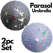 2pc Set Parasol Umbrella Black + White Chinese Japanese Bamboo Flower Pattern V563-PARASOLUMBSET