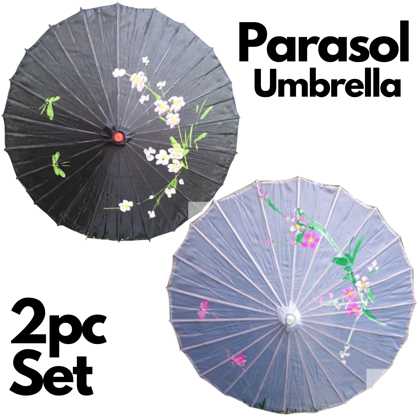 2pc Set Parasol Umbrella Black + White Chinese Japanese Bamboo Flower Pattern V563-PARASOLUMBSET