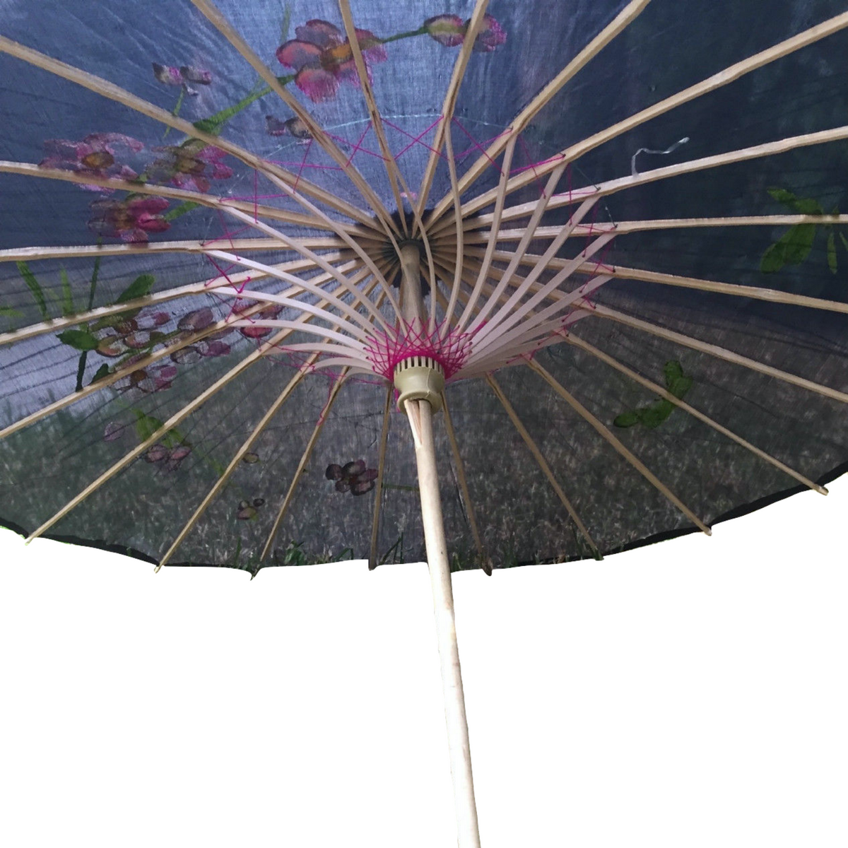 2pc Set Parasol Umbrella Black + White Chinese Japanese Bamboo Flower Pattern V563-PARASOLUMBSET