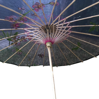 2pc Set Parasol Umbrella Black + White Chinese Japanese Bamboo Flower Pattern V563-PARASOLUMBSET