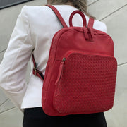 Pierre Cardin Womens Woven Soft Leather Backpack Bag Travel - Red