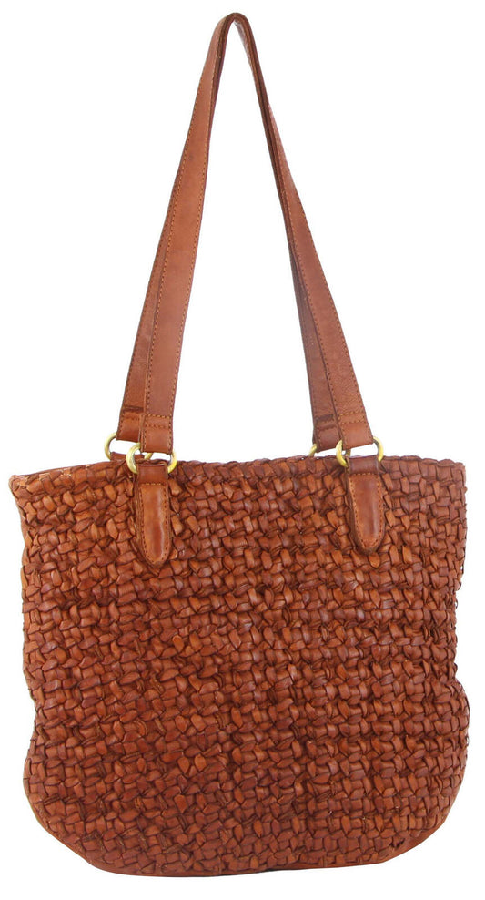 Pierre Cardin Woven Leather Ladies Shoulder Bag Travel Carry - Cognac V563-PC-3307-COGNAC