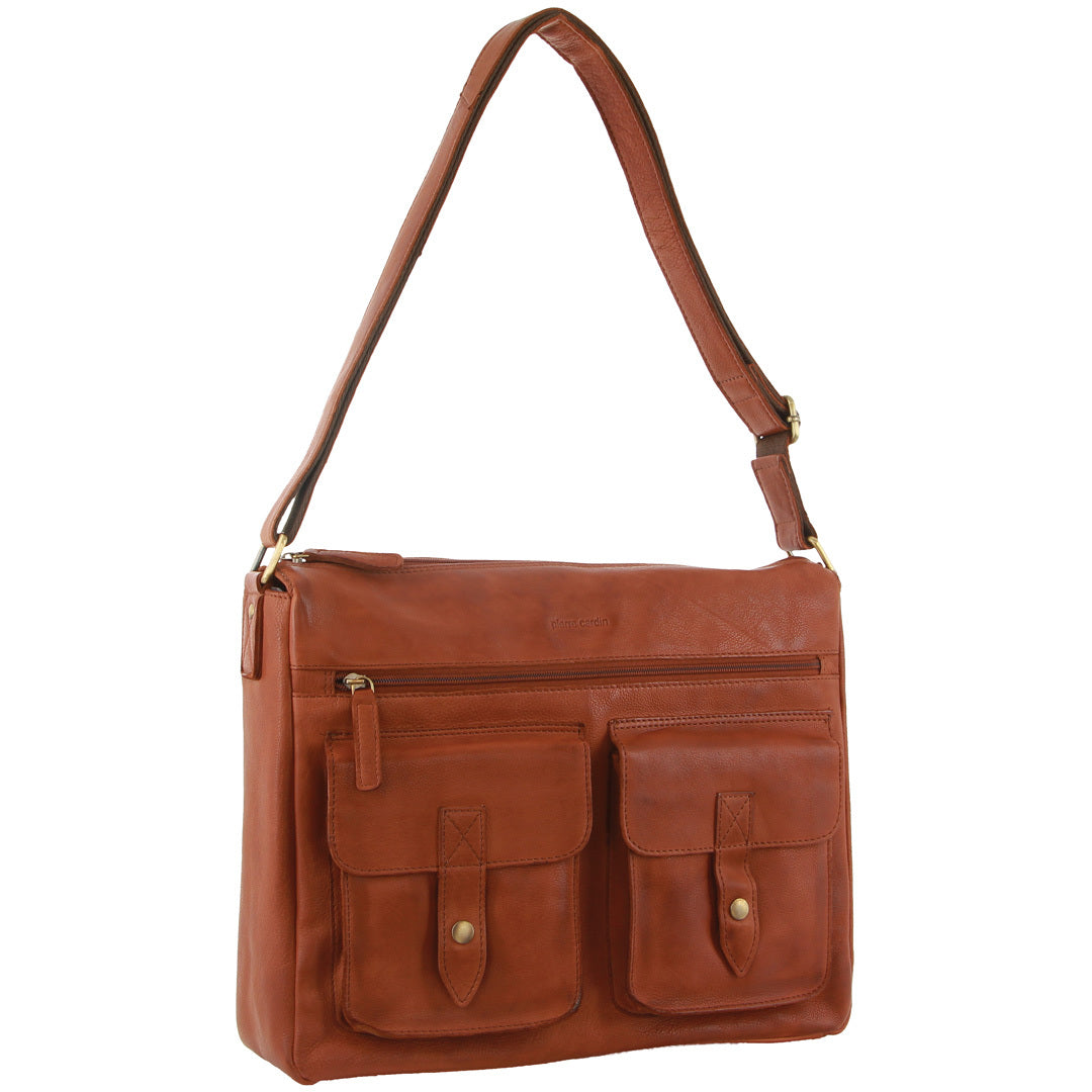 Pierre Cardin Leather Briefcase Bag Tote 13" Laptop Rustic Satchel Travel - Cognac V563-PC2806-COGNAC