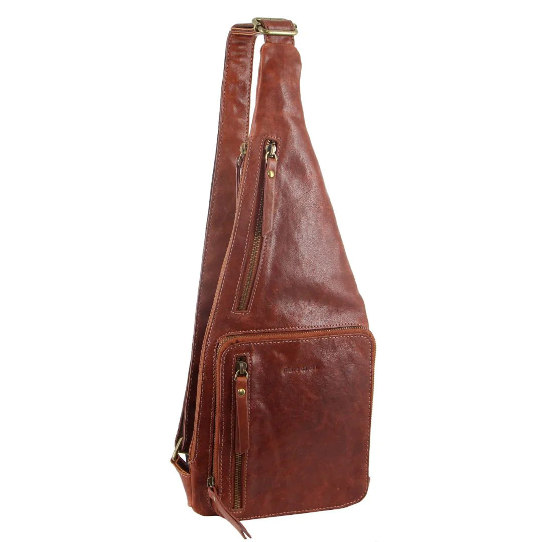 Pierre Cardin Mens Sling Bag Rustic Leather Crossbody Chest Backpack - Chestnut V563-PC3229-CHESTNUT