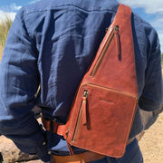 Pierre Cardin Mens Sling Bag Rustic Leather Crossbody Chest Backpack - Chestnut V563-PC3229-CHESTNUT