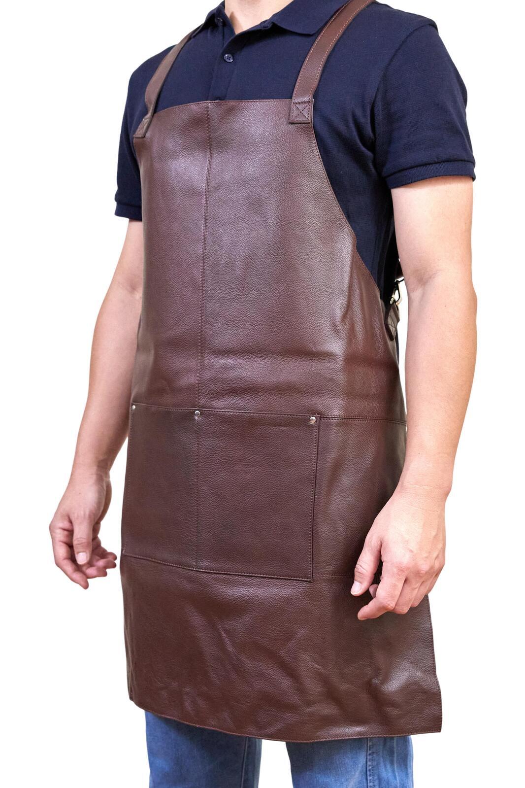Pierre Cardin Professional Leather Apron Butcher Woodwork Hairdressing Barber Chef - Brown V563-PC3432-BROWN