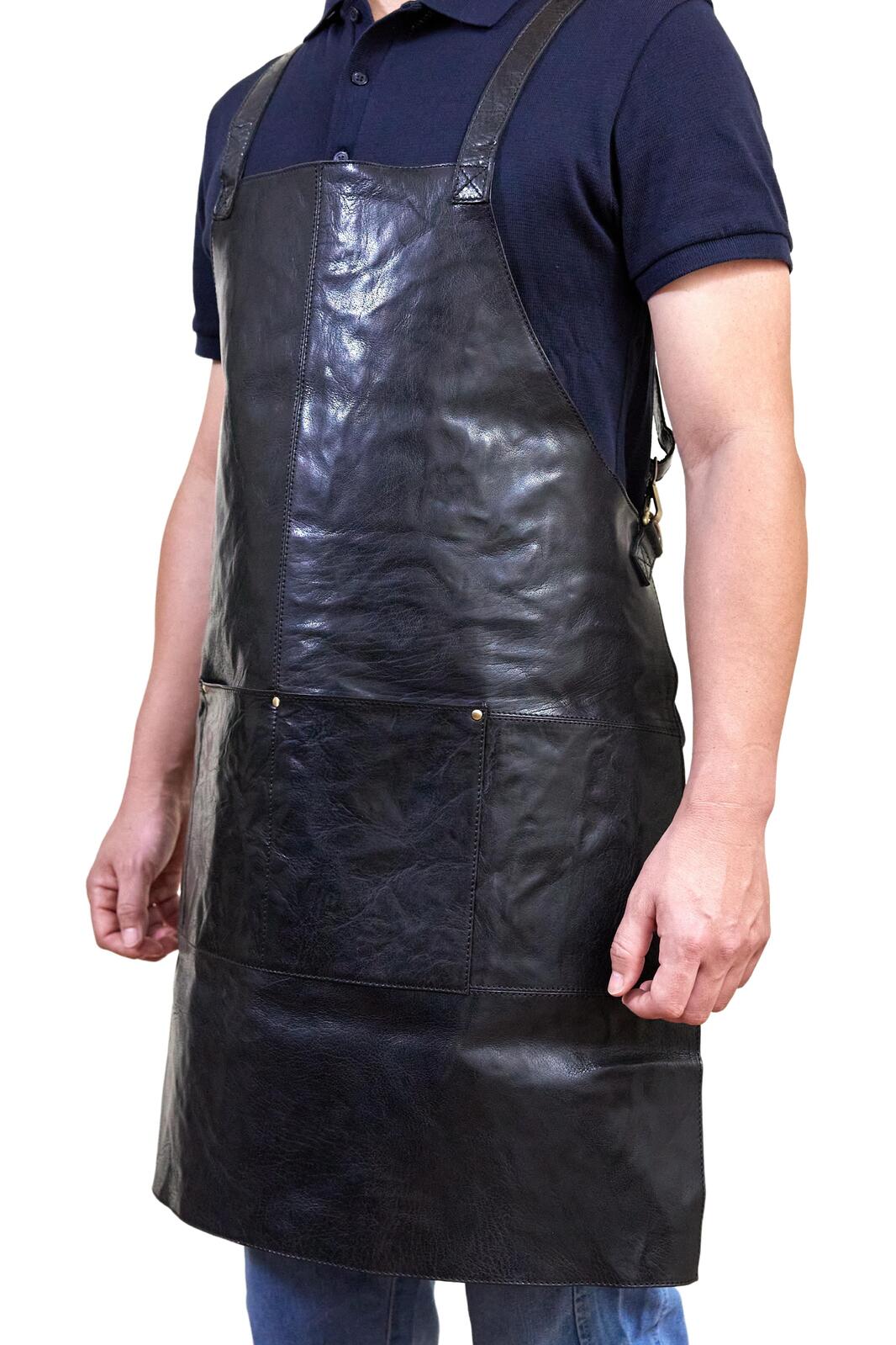 Pierre Cardin Professional Leather Apron Butcher Woodwork Hairdressing Barber Chef - Black V563-PC3433-BLACK