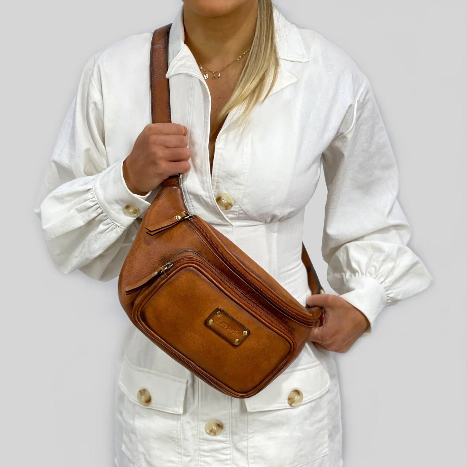 Pierre Cardin Women Sling Bum Bag Leather Crossbody Shoulder Travel Chest - Cognac V563-PC3455-COGNAC