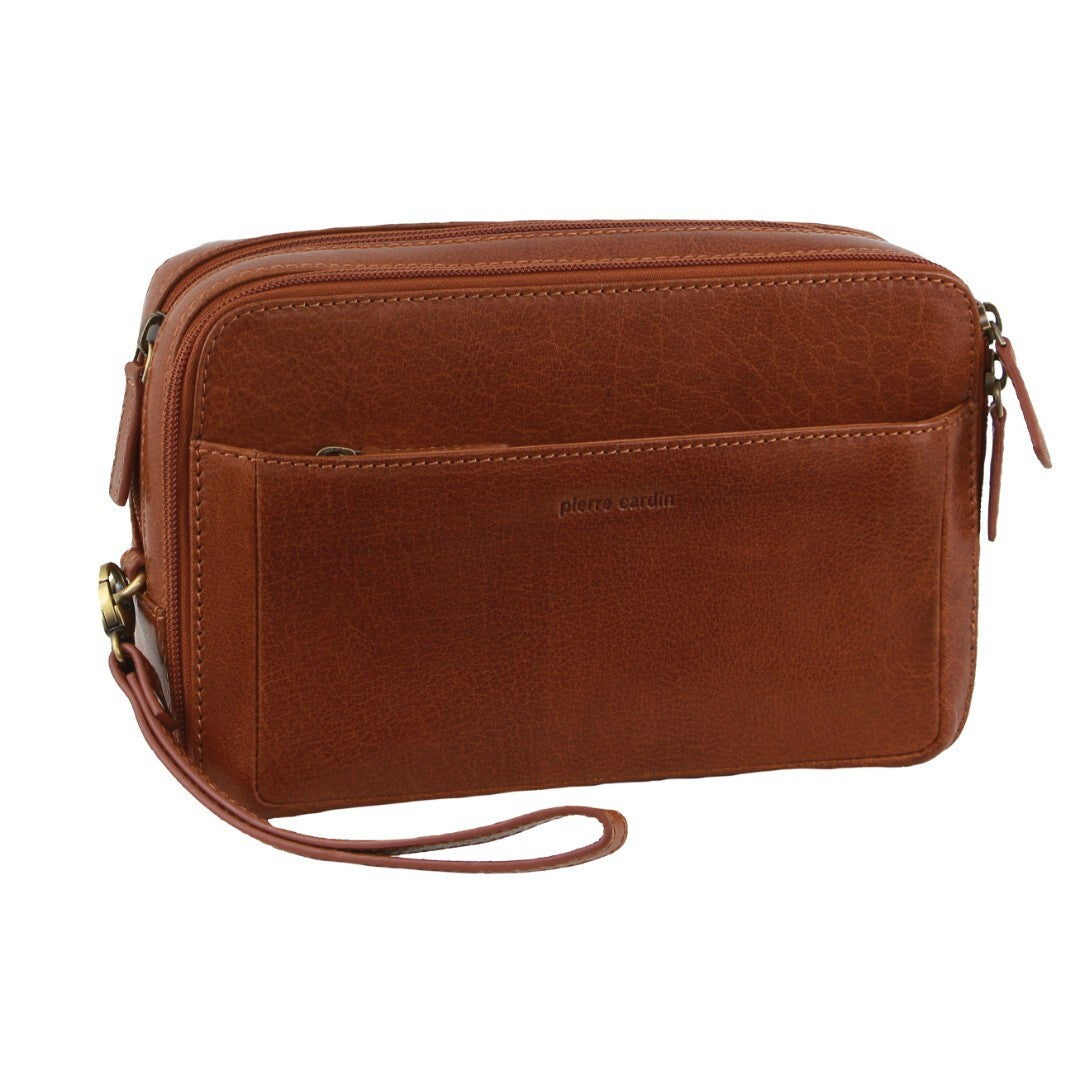Pierre Cardin Mens Leather Toiletry Bag Travel Organizer Wash Case - Tan V563-PC3619-TAN