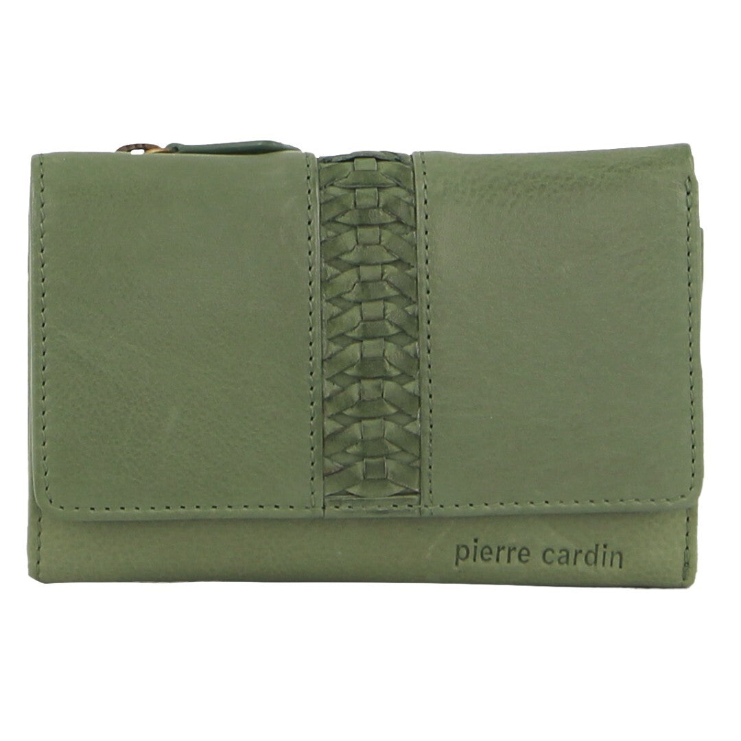Pierre Cardin Leather Ladies Leather Woven Design Tri-fold Wallet in Leaf Green