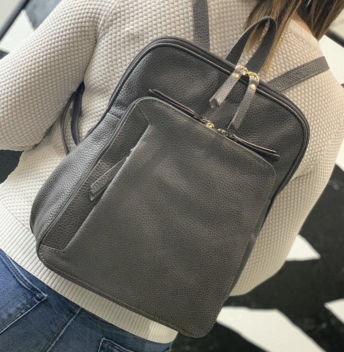 Pierre Cardin Womens Leather Backpack Bag with Pocket Front Multi-Zip - Slate V563-PC_3212-SLATE