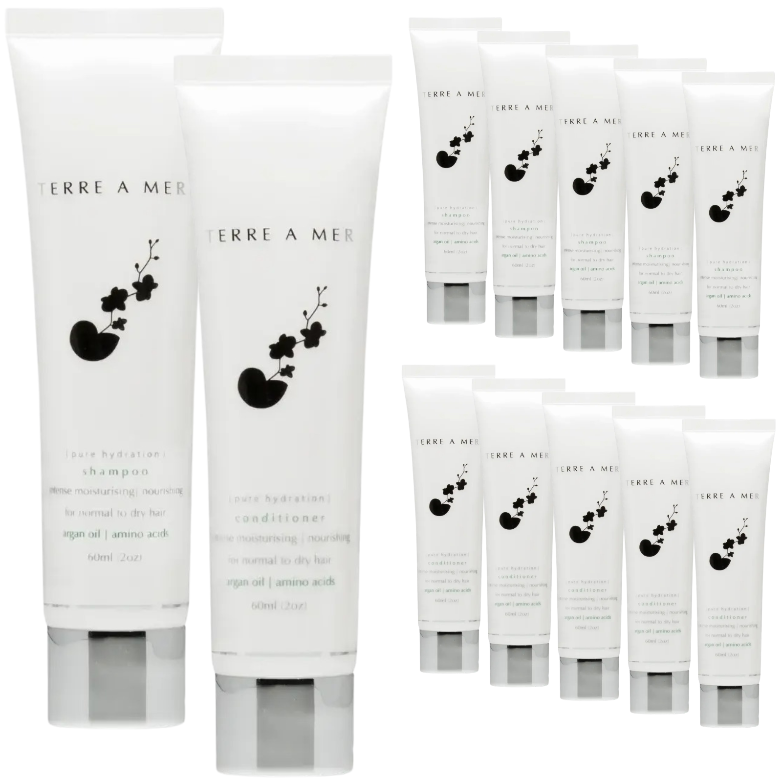 12pc Set Terre A Mer Pure Hydration Amino Acid/Argan Oil Shampoo & Conditioner - 60ml Travel Size V563-PH_TRVL_SHAMPCOND-12PC