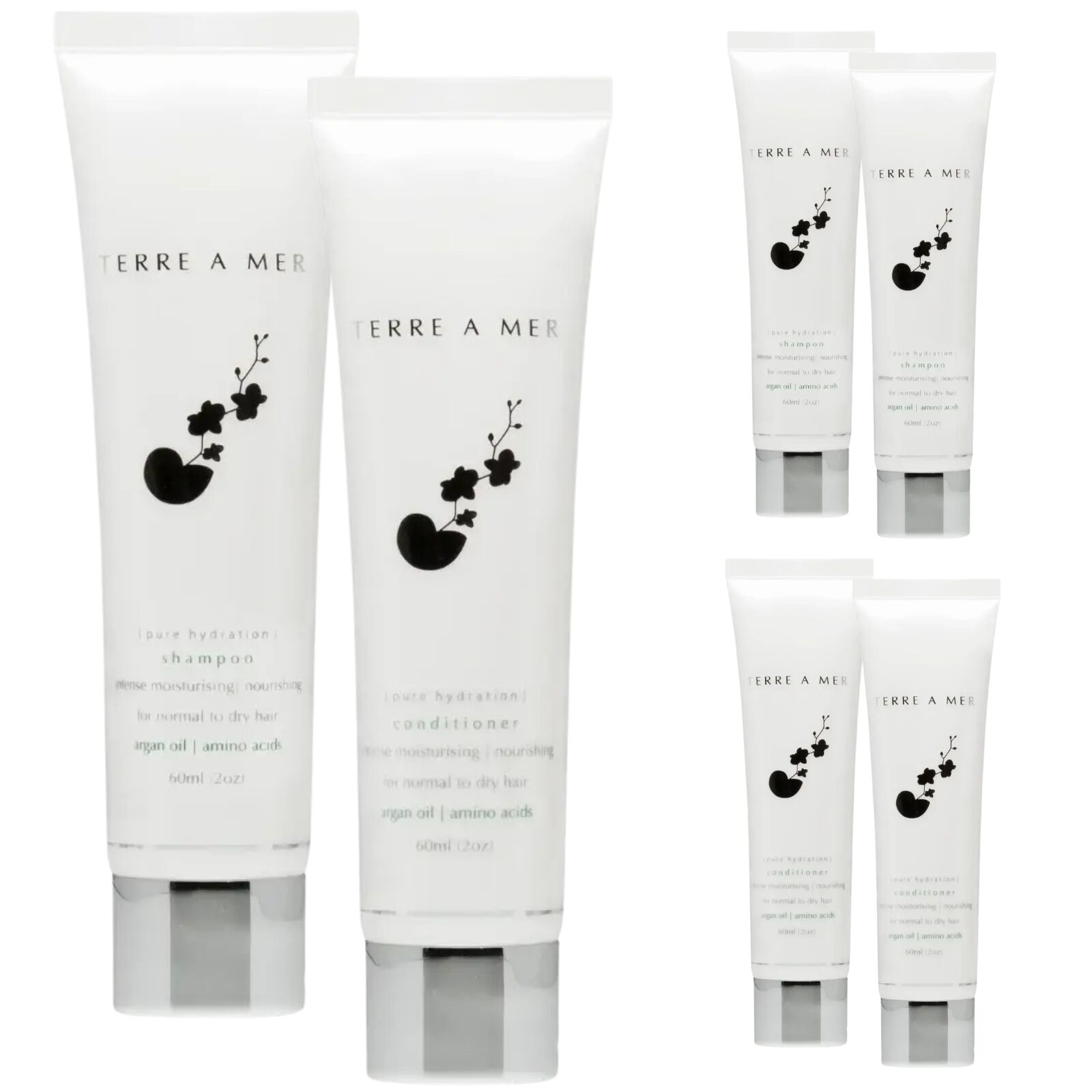 6pc Set Terre A Mer Pure Hydration Amino Acid/Argan Oil Shampoo & Conditioner - 60ml Travel Size V563-PH_TRVL_SHAMPCOND-6PC