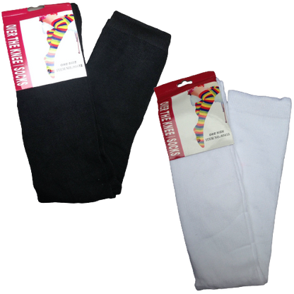 2 Pairs Ladies Over The Knee Socks Plain Black + White High Thigh Long Stockings V563-PLNBLKWHTSOCKS