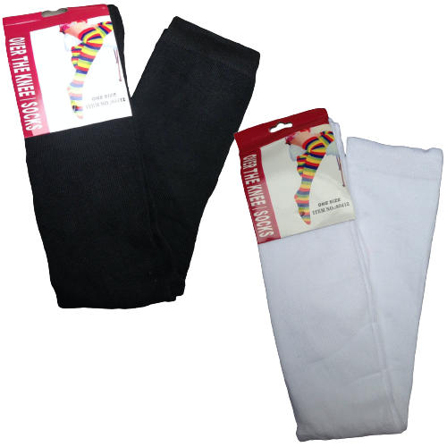 2 Pairs Ladies Over The Knee Socks Plain Black + White High Thigh Long Stockings V563-PLNBLKWHTSOCKS