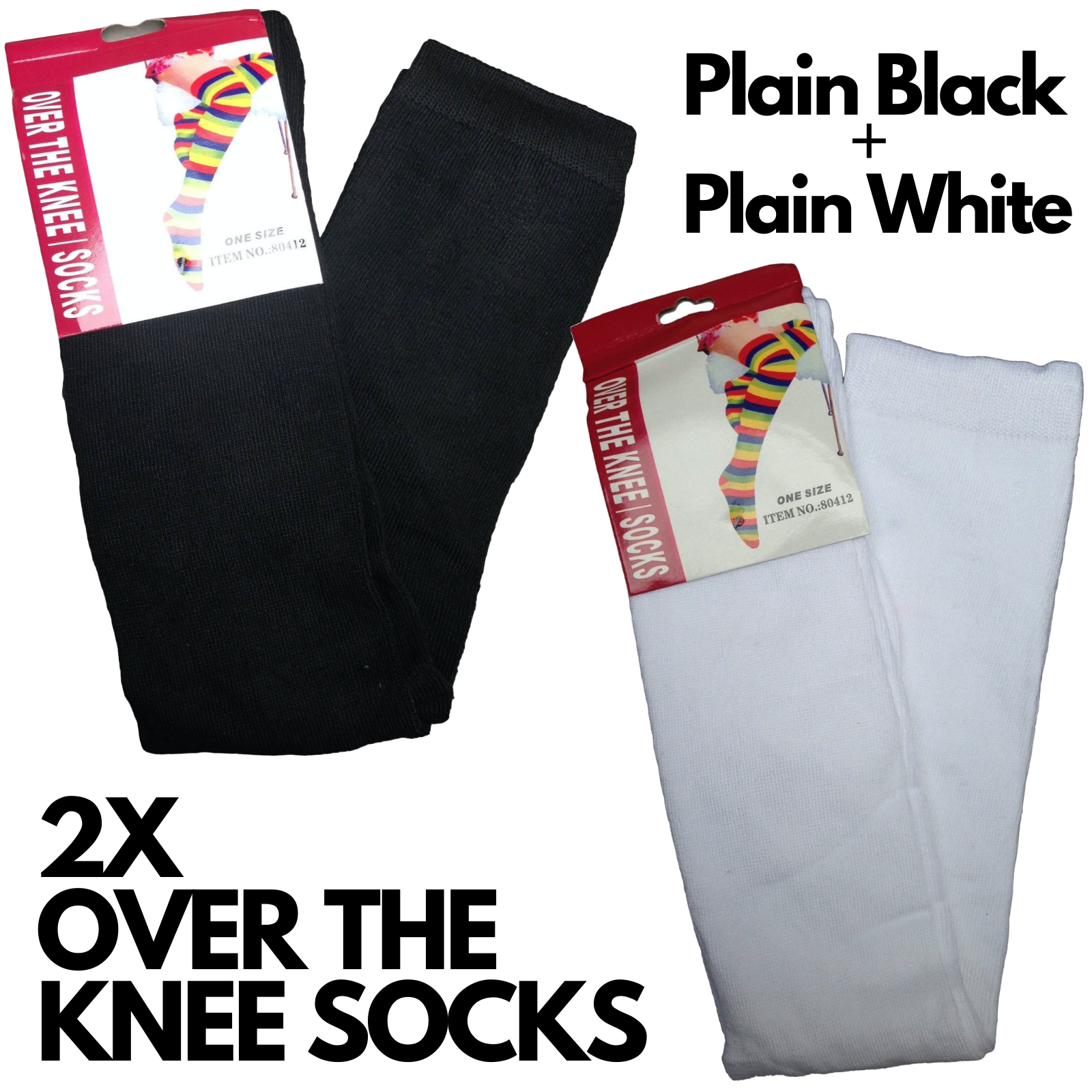 2 Pairs Ladies Over The Knee Socks Plain Black + White High Thigh Long Stockings V563-PLNBLKWHTSOCKS