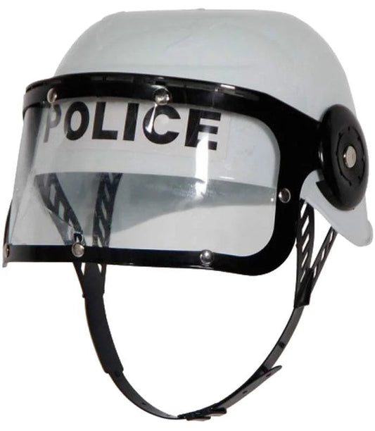 POLICE HAT Plastic Helmet Cap Costume Party w Strap Clear Visor - White V563-POLICEHAT-PLTCHELMET-WHT