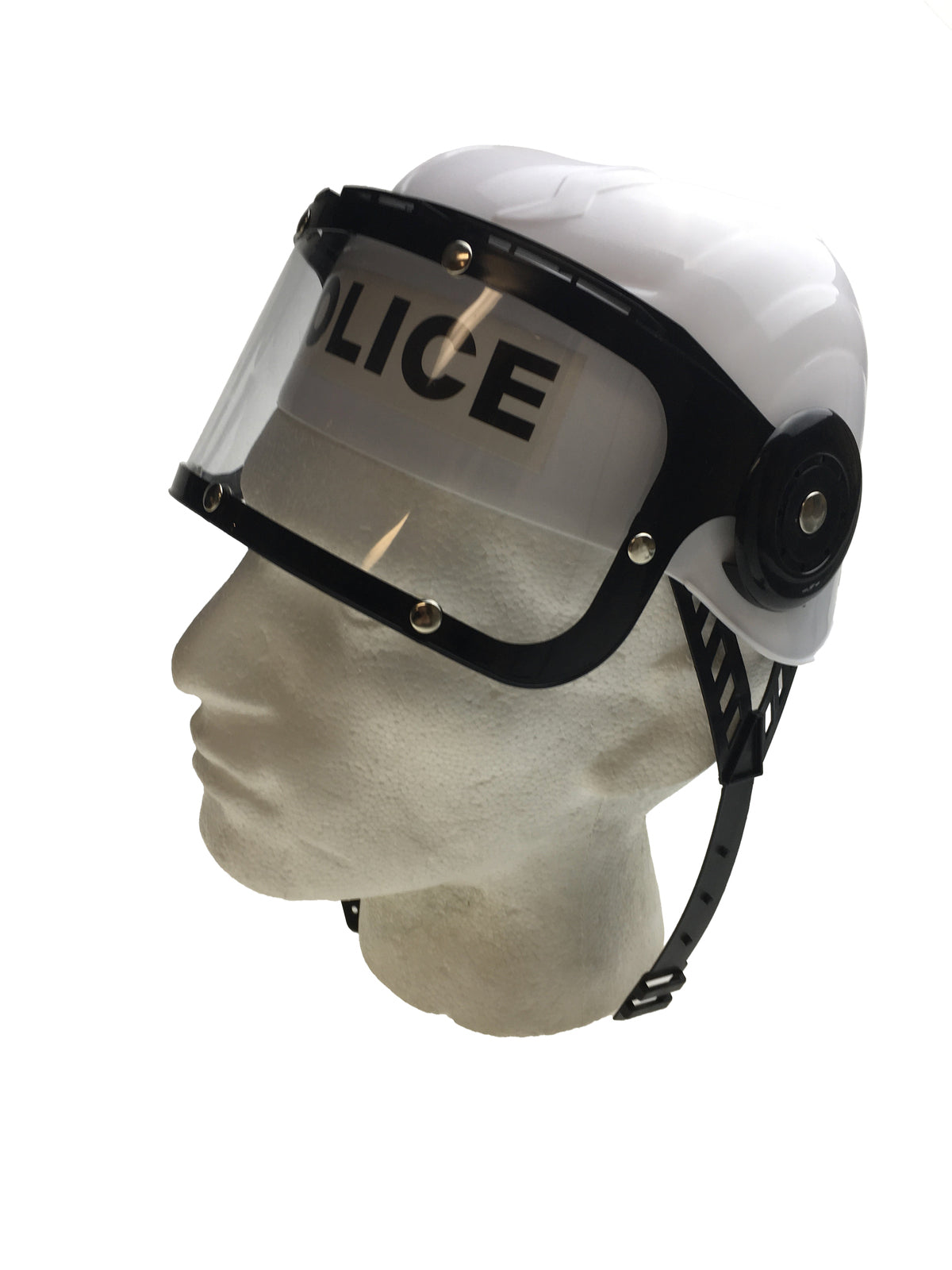 POLICE HAT Plastic Helmet Cap Costume Party w Strap Clear Visor - White V563-POLICEHAT-PLTCHELMET-WHT