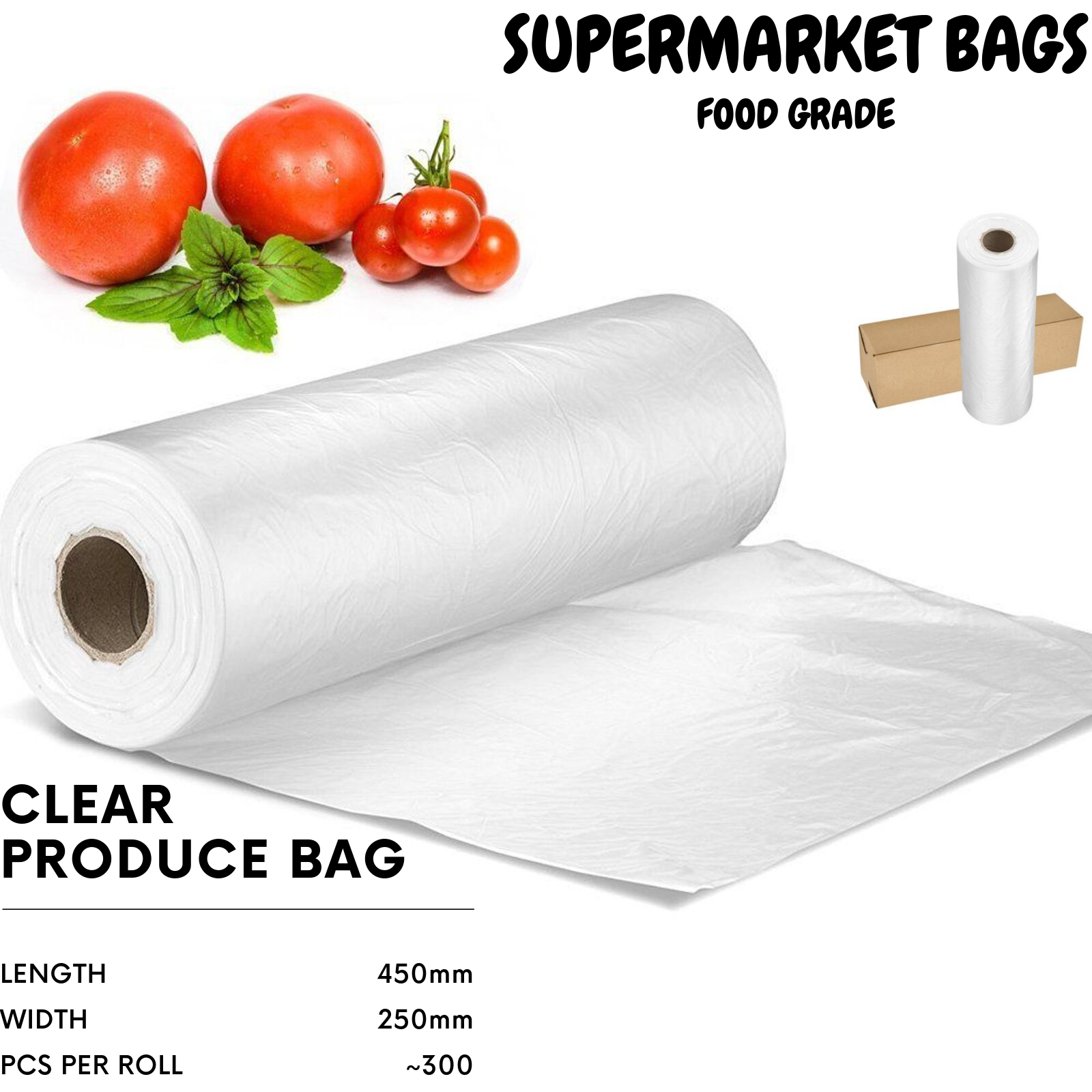 4 Produce Rolls Bags Heavy Duty Food Grade Freezer Supermarket Bag Gusset V563-PRODUCEBAGS-4ROLLS