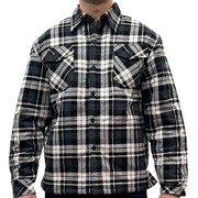 Mens QUILTED FLANNELETTE SHIRT 100% COTTON Flannel Jacket Padded Long Sleeve - Black/Charcoal/White (Quilted) V563-QFS-BLK_CHAR_WHT_QLTD-S
