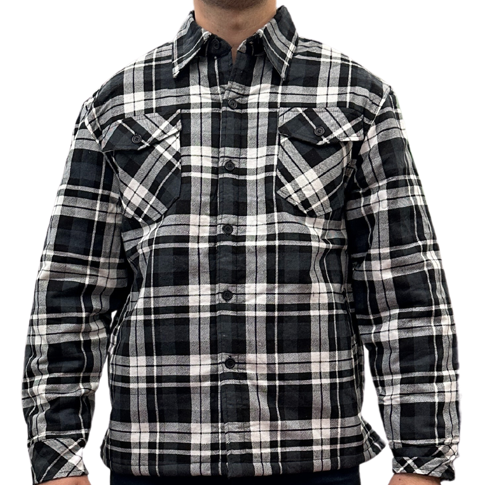 Mens QUILTED FLANNELETTE SHIRT 100% COTTON Flannel Jacket Padded Long Sleeve - Black/Charcoal/White (Quilted) V563-QFS-BLK_CHAR_WHT_QLTD-S