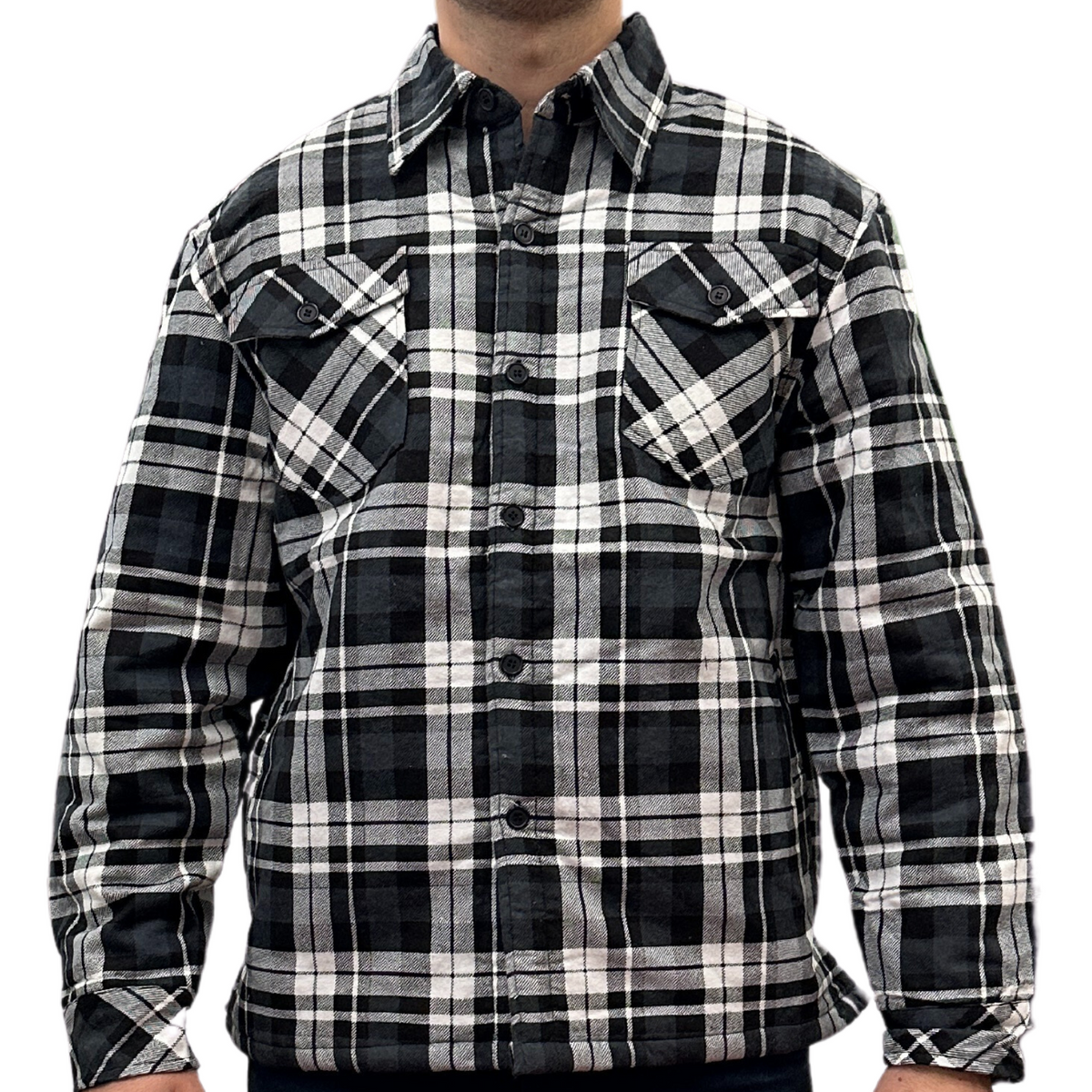 Mens QUILTED FLANNELETTE SHIRT 100% COTTON Flannel Jacket Padded Long Sleeve - Black/Charcoal/White (Quilted) V563-QFS-BLK_CHAR_WHT_QLTD-S