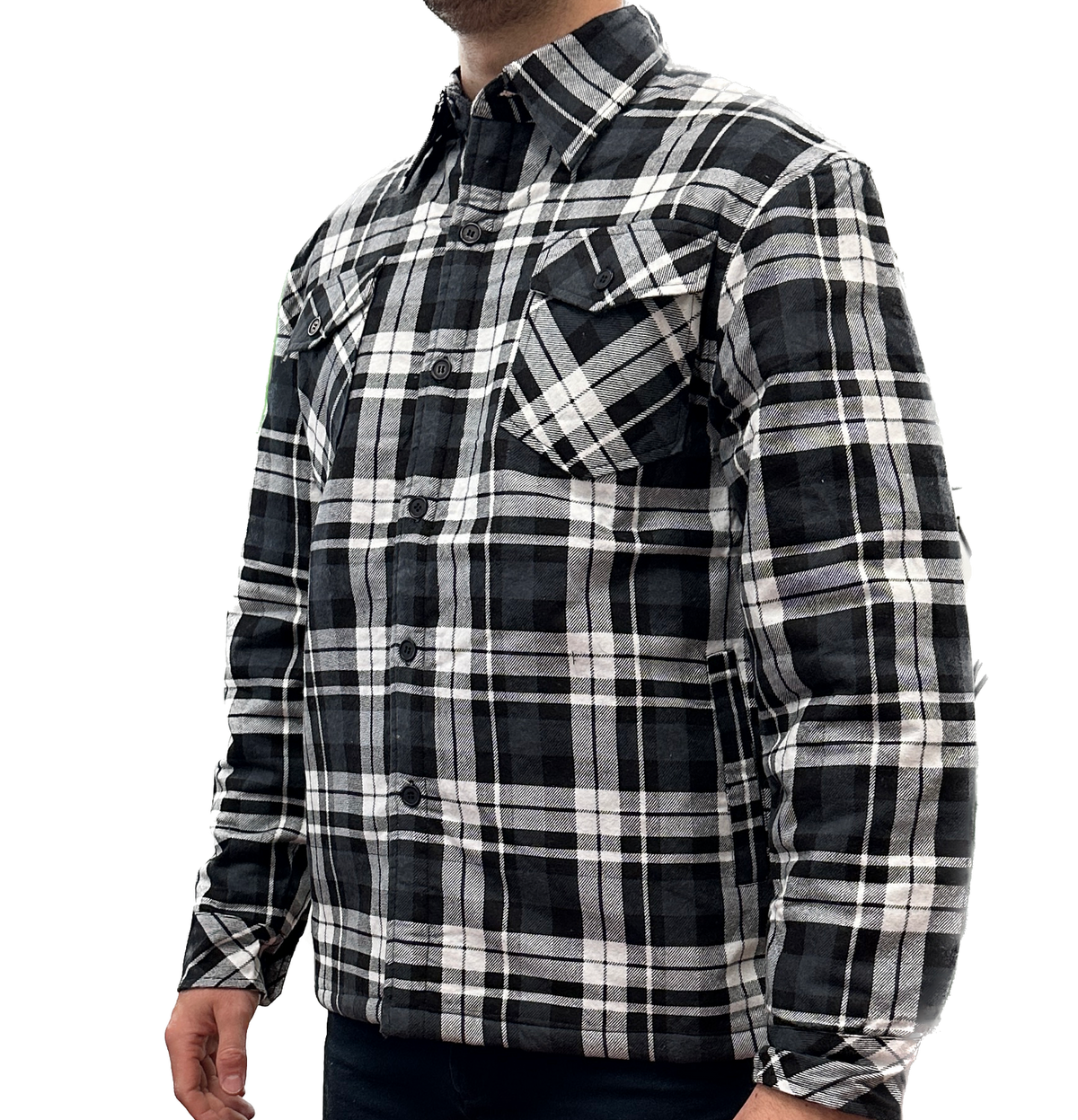 Mens QUILTED FLANNELETTE SHIRT 100% COTTON Flannel Jacket Padded Long Sleeve - Black/Charcoal/White (Quilted) V563-QFS-BLK_CHAR_WHT_QLTD-S