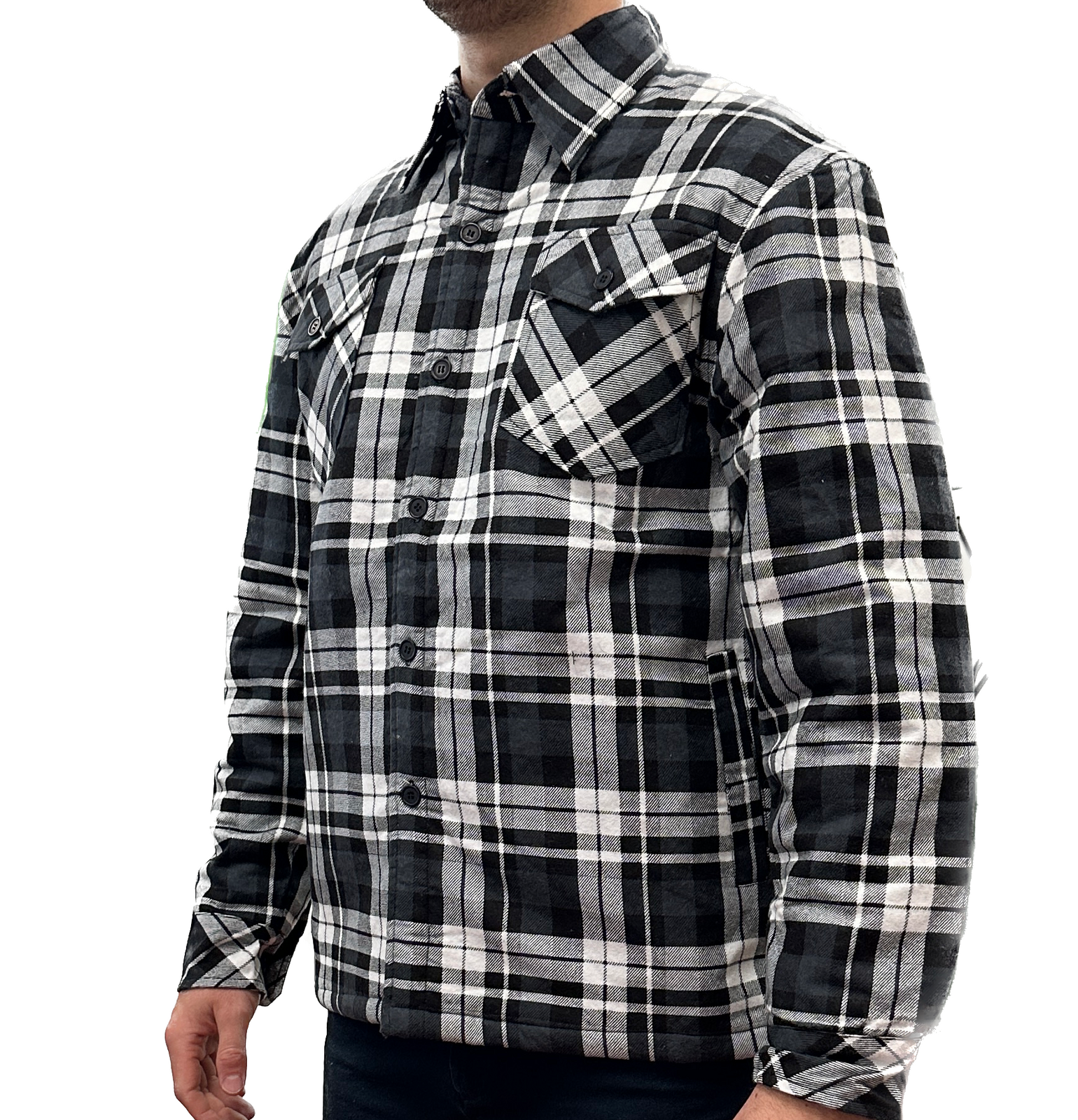 Mens QUILTED FLANNELETTE SHIRT 100% COTTON Flannel Jacket Padded Long Sleeve - Black/Charcoal/White (Quilted) V563-QFS-BLK_CHAR_WHT_QLTD-S