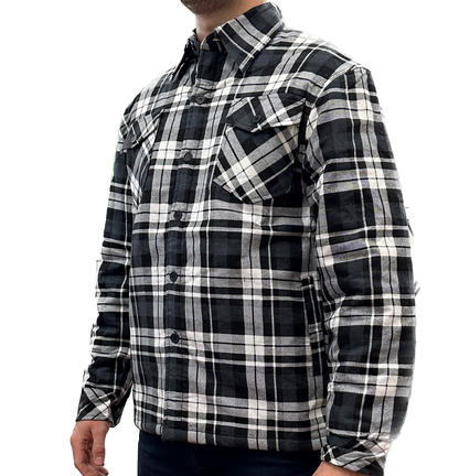 Mens QUILTED FLANNELETTE SHIRT 100% COTTON Flannel Jacket Padded Long Sleeve - Black/Charcoal/White (Quilted) V563-QFS-BLK_CHAR_WHT_QLTD-S